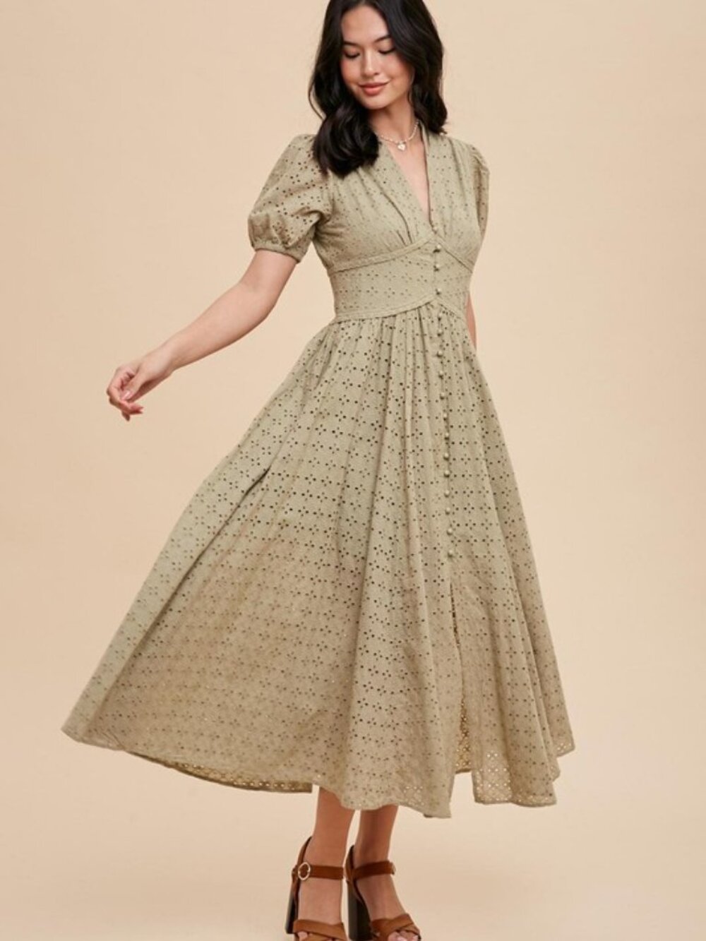 Cotton Eyelet Button Down Dress Olive Green - Picture 6 of 17